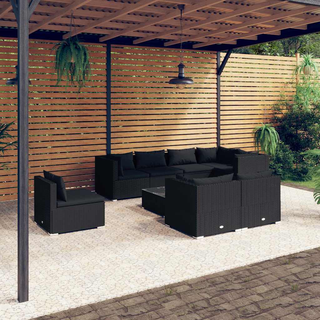 9 részes fekete polyrattan kerti ülőgarnitúra párnákkal
