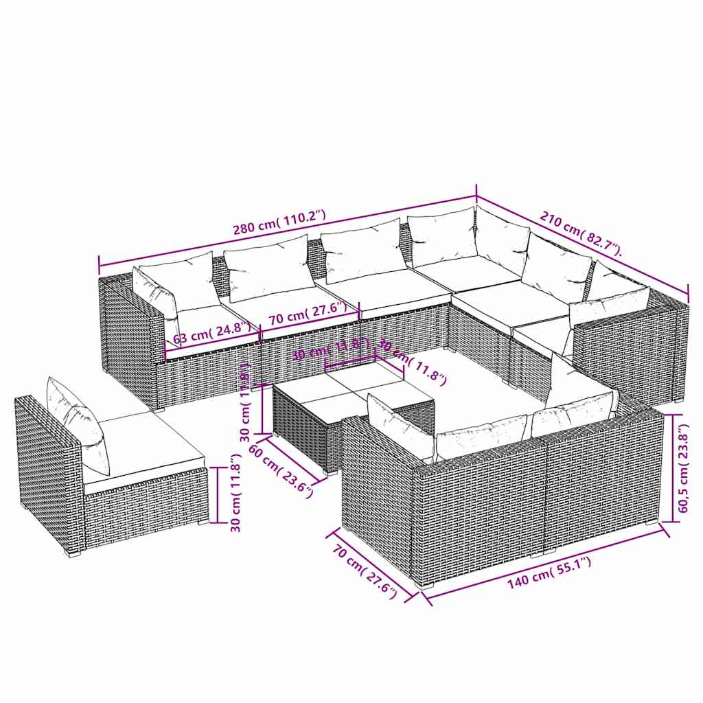 10 részes barna polyrattan kerti bútorszett párnákkal 6