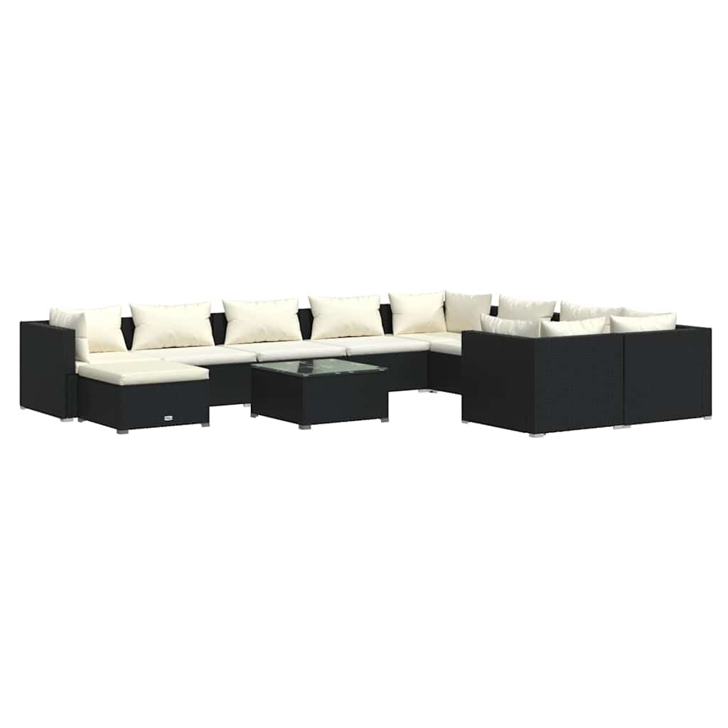 11 részes fekete polyrattan kerti ülőgarnitúra párnákkal 2