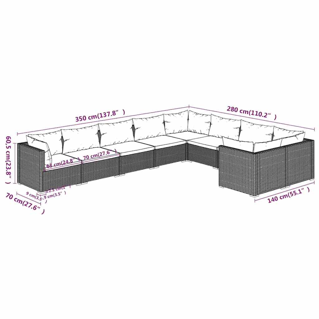 9 részes barna polyrattan kerti ülőgarnitúra párnákkal 7