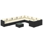 10 részes fekete polyrattan kerti ülőgarnitúra párnákkal 2