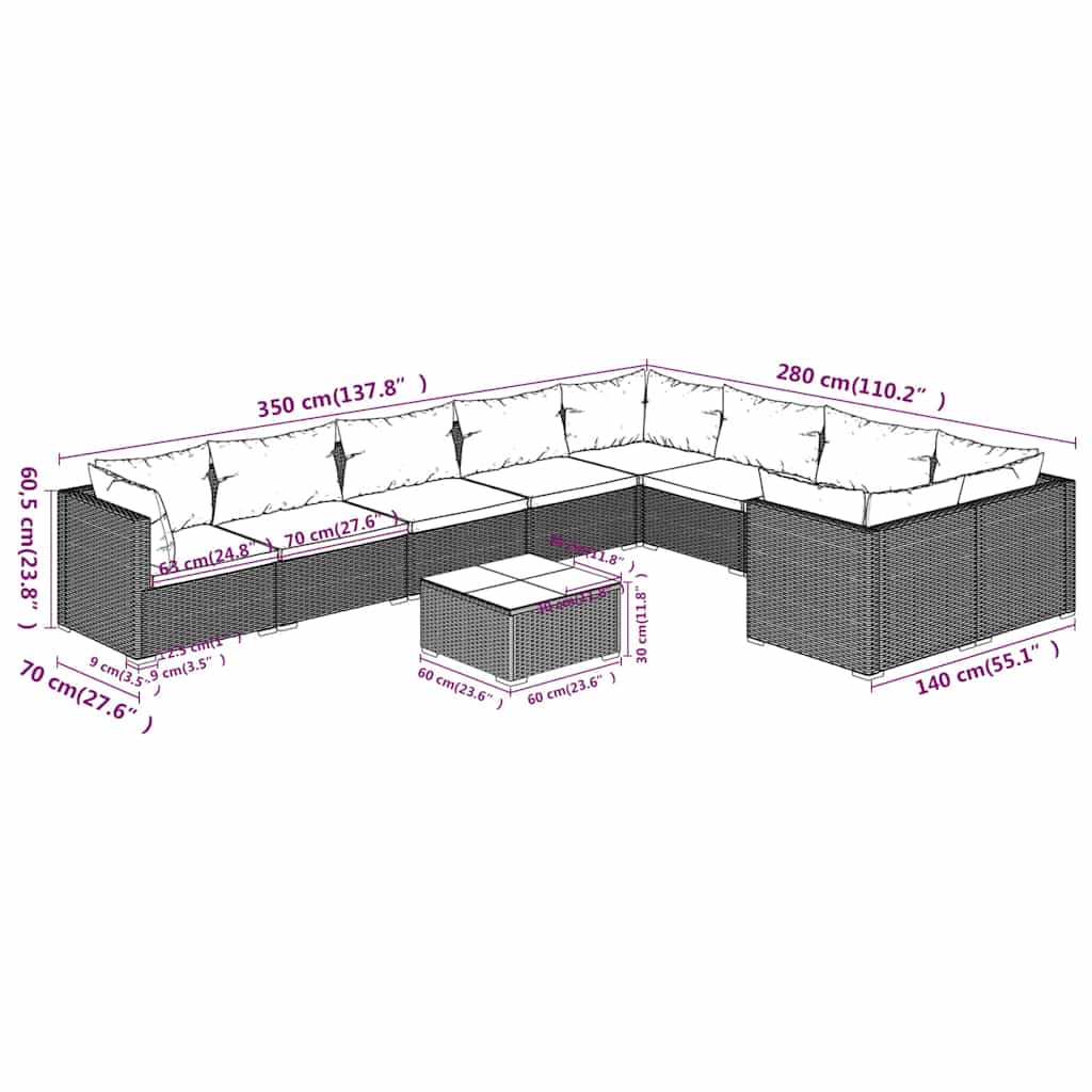 10 részes fekete polyrattan kerti ülőgarnitúra párnákkal 9