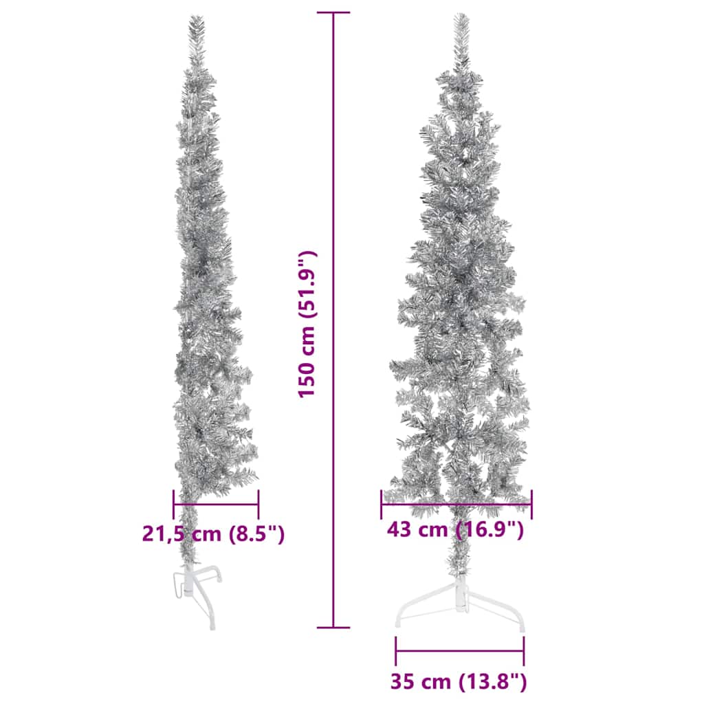 Ezüst vékony fél műkarácsonyfa állvánnyal 150 cm 8