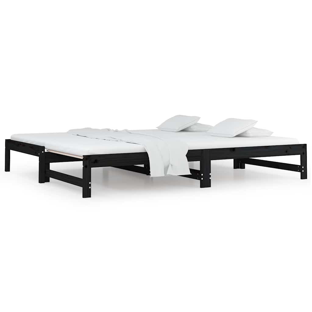 Fekete tömör fenyőfa kihúzható kanapéágy 2 x (90 x 200) cm 2