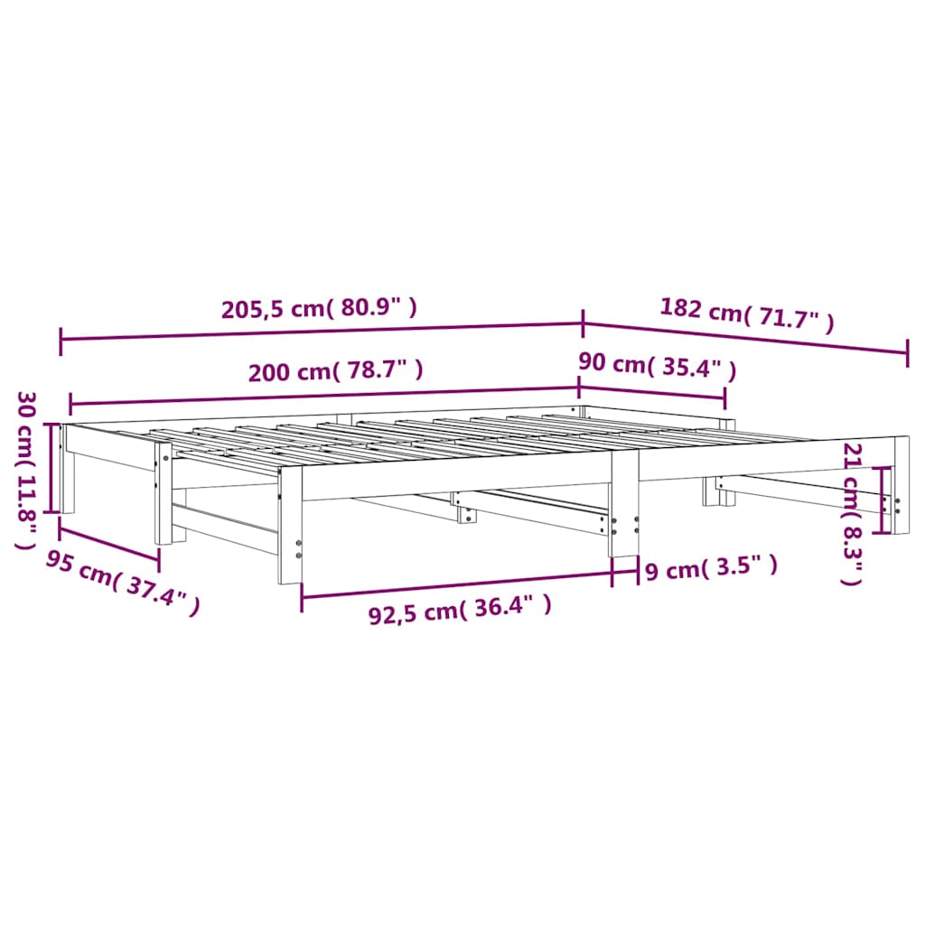 Fekete tömör fenyőfa kihúzható kanapéágy 2 x (90 x 200) cm 14