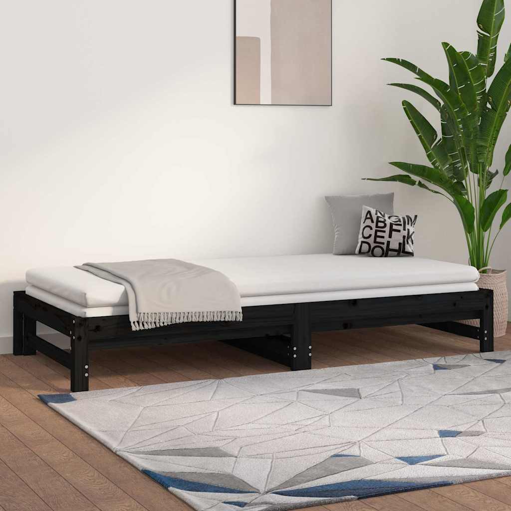 Fekete tömör fenyőfa kihúzható kanapéágy 2 x (90 x 200) cm 4