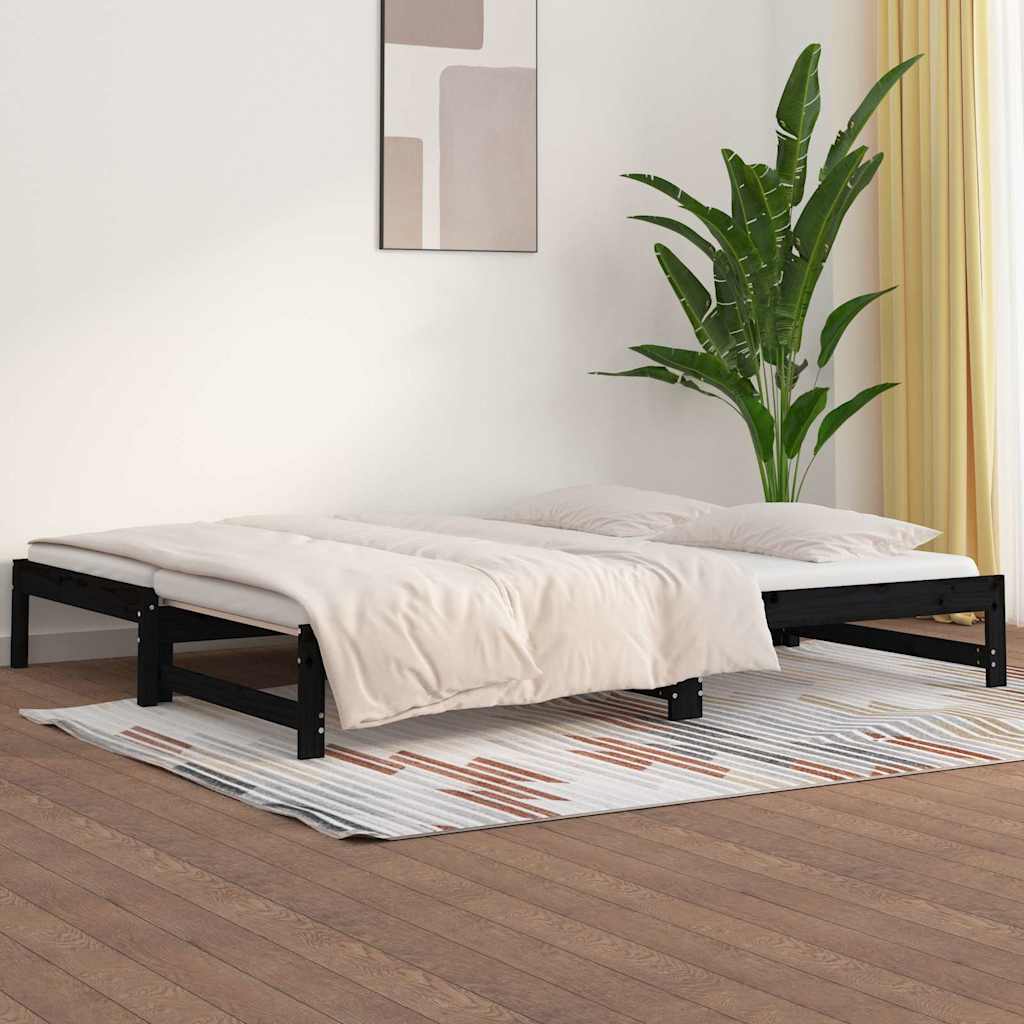 Fekete tömör fenyőfa kihúzható kanapéágy 2 x (90 x 200) cm