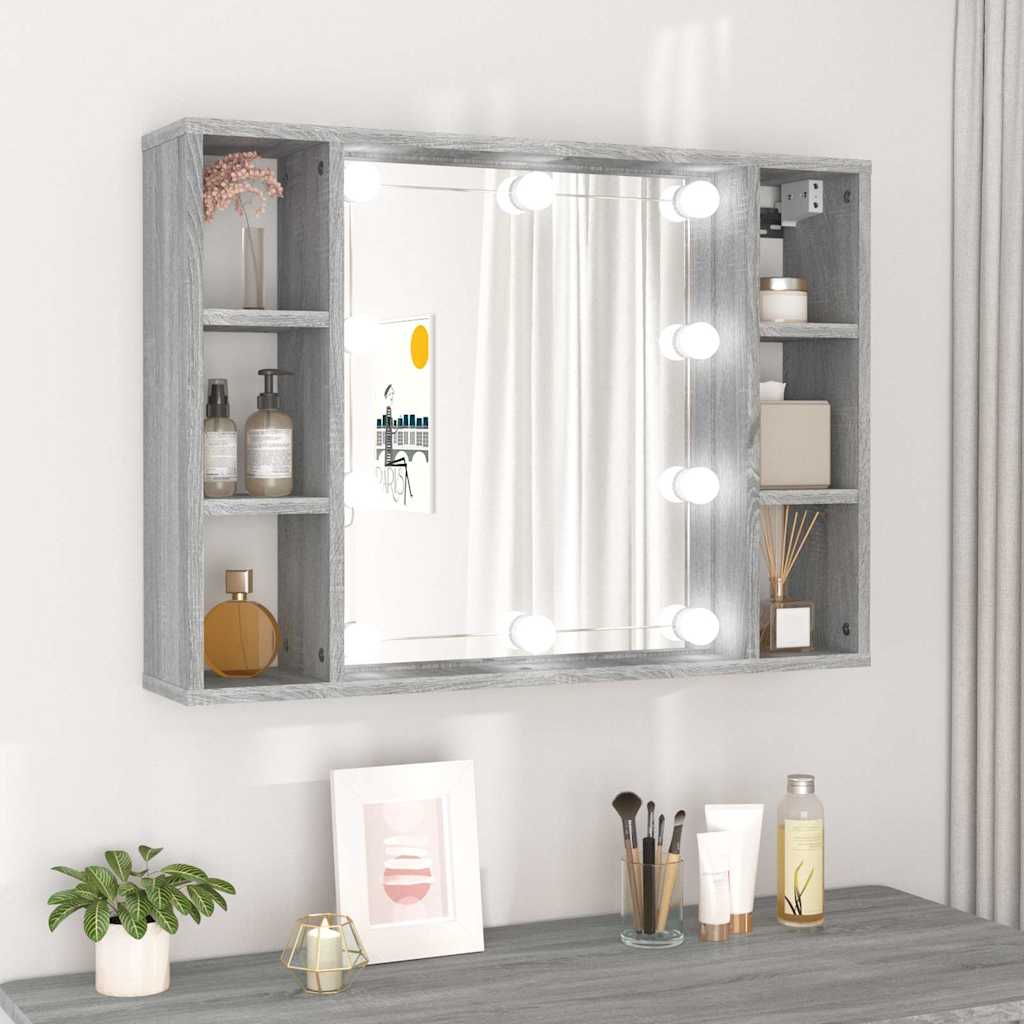 Szürke sonoma színű tükrös szekrény LED-ekkel 76 x 15 x 55 cm