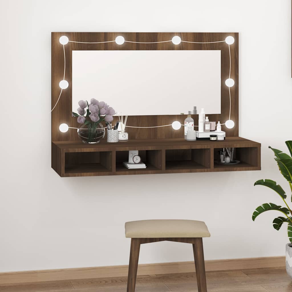 Barna tölgy színű tükrös szekrény LED-ekkel 90 x 31,5 x 62 cm 12