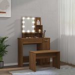Barna tölgyszínű szerelt fa fésülködőasztal-szett LED-ekkel 4