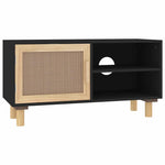 Fekete fenyőfa és természetes rattan TV-szekrény 80x30x40 cm 2