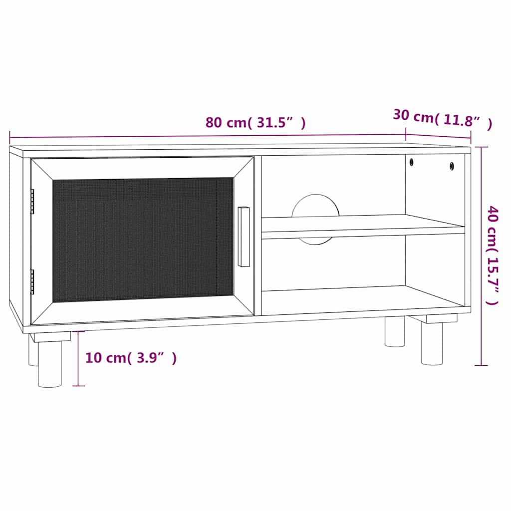 Fekete fenyőfa és természetes rattan TV-szekrény 80x30x40 cm 8