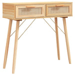 Barna tömör fenyő és természetes rattan kisasztal 80x30x75 cm 2