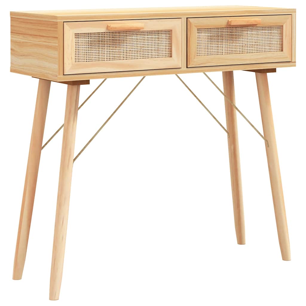 Barna tömör fenyő és természetes rattan kisasztal 80x30x75 cm 2