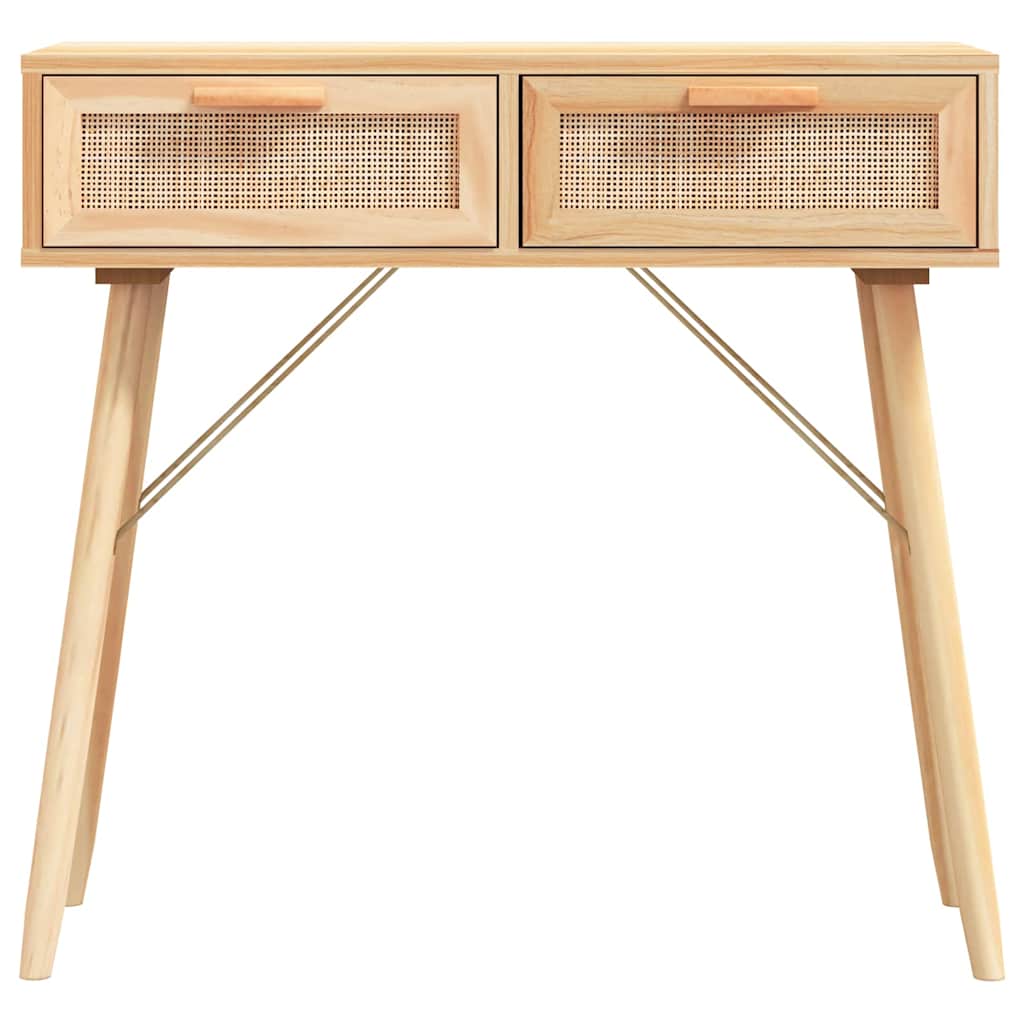 Barna tömör fenyő és természetes rattan kisasztal 80x30x75 cm 4