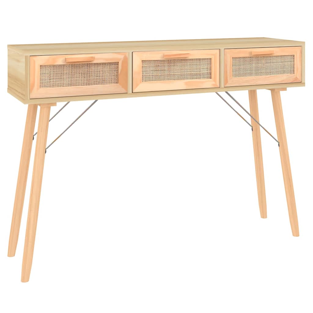 Barna tömör fenyő és természetes rattan kisasztal 105x30x75 cm 2