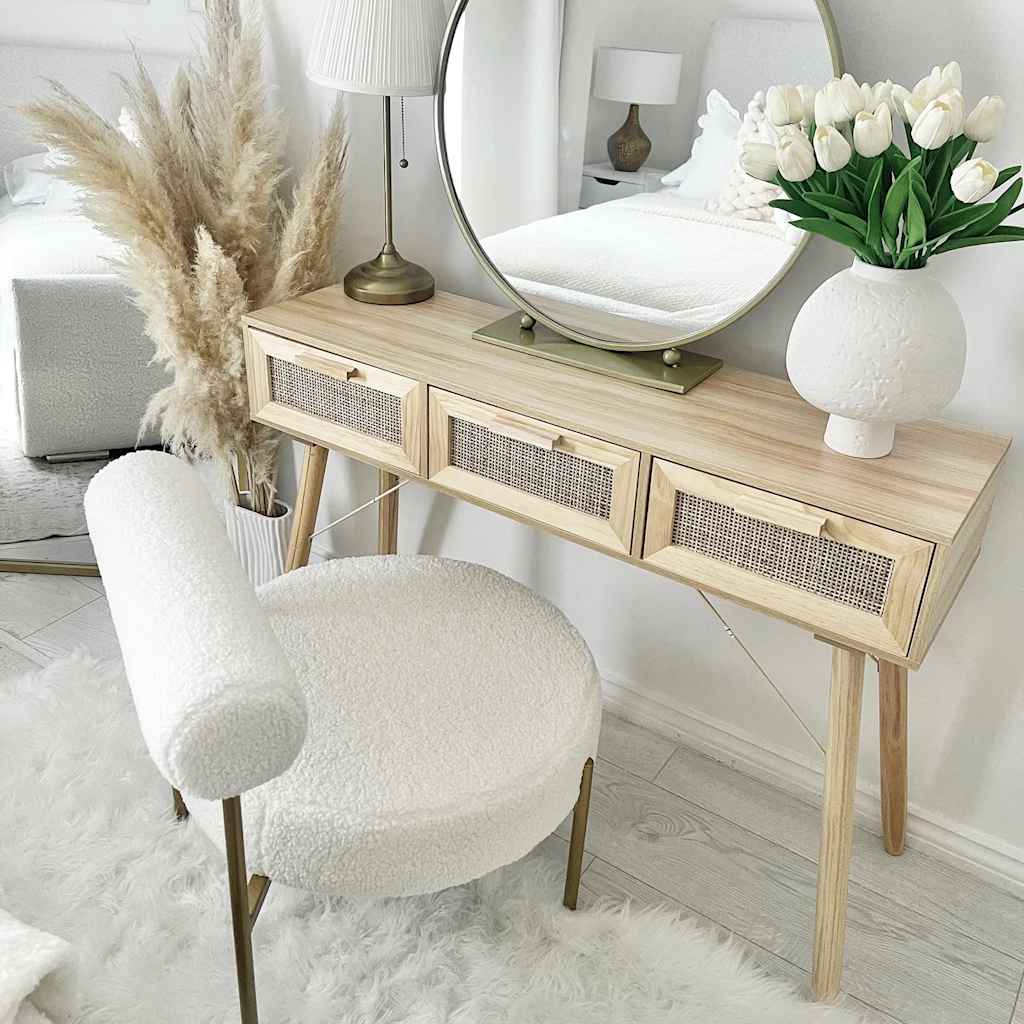 Barna tömör fenyő és természetes rattan kisasztal 105x30x75 cm 4