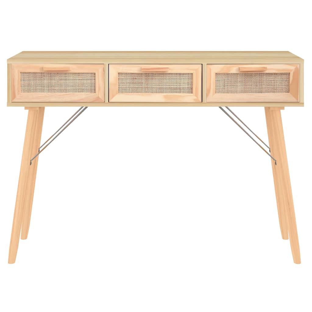 Barna tömör fenyő és természetes rattan kisasztal 105x30x75 cm 5