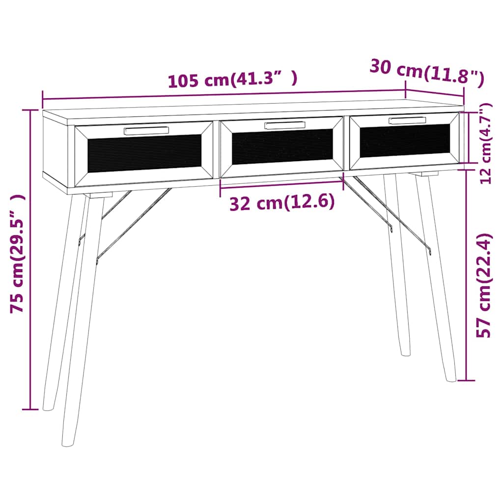 Barna tömör fenyő és természetes rattan kisasztal 105x30x75 cm 8