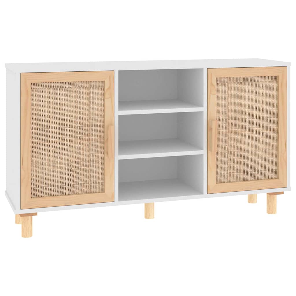 Fehér tömör fenyő/természetes rattan tálalószekrény 105x30x60cm 2