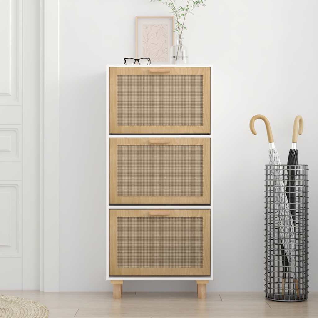 Fehér szerelt fa és természetes rattan cipőszekrény 52x25x115cm 3