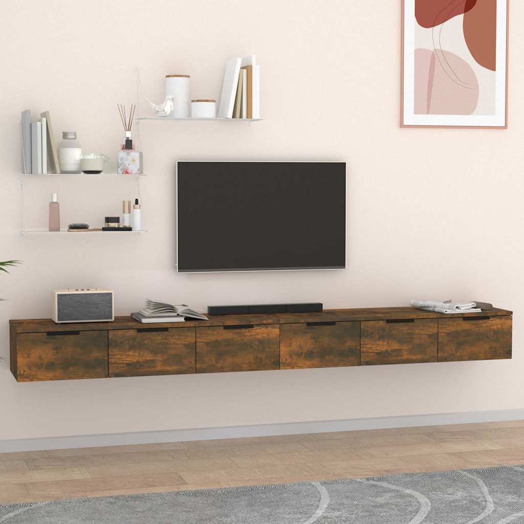 2 db füstös tölgy színű szerelt fa faliszekrény 102x30x20 cm