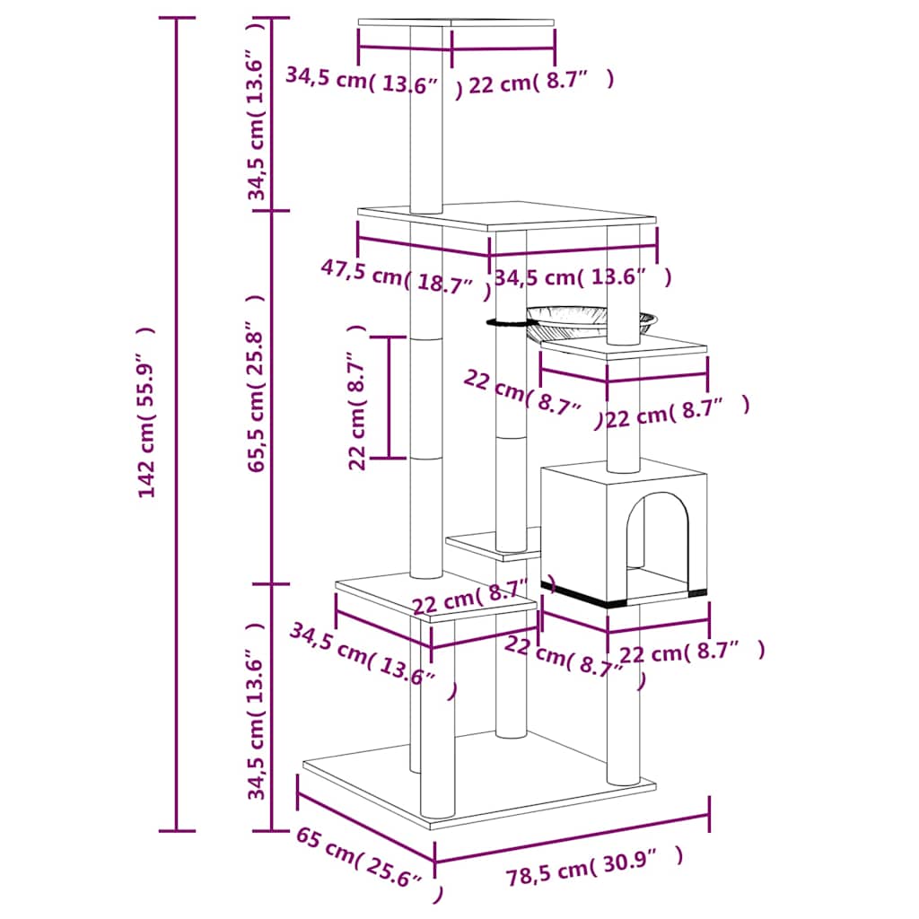 Sötétszürke macskabútor szizál kaparófával 142 cm 7