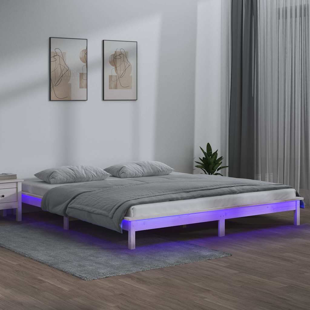 Fehér tömör fa ágykeret LED-világítással 160 x 200 cm