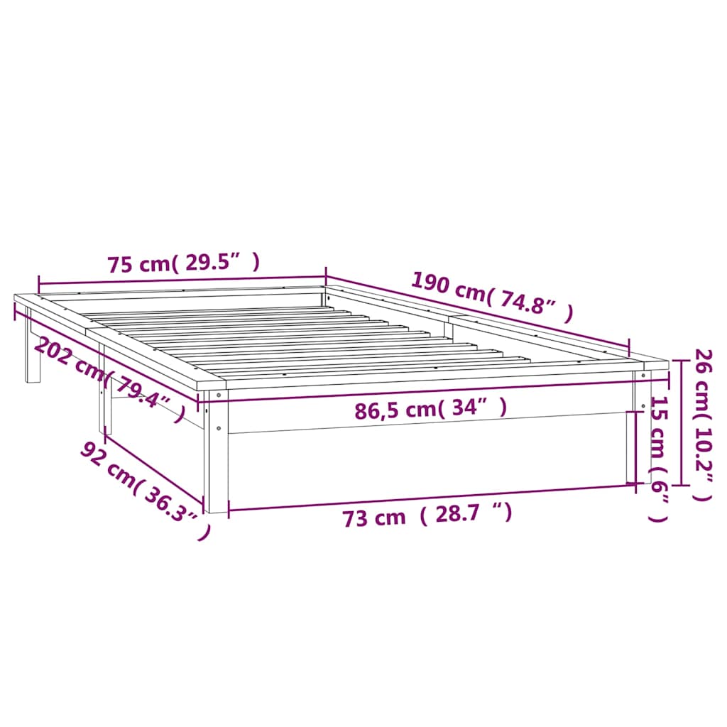 Kis egyszemélyes mézbarna tömör fa LED-es ágykeret 75 x 190 cm 13