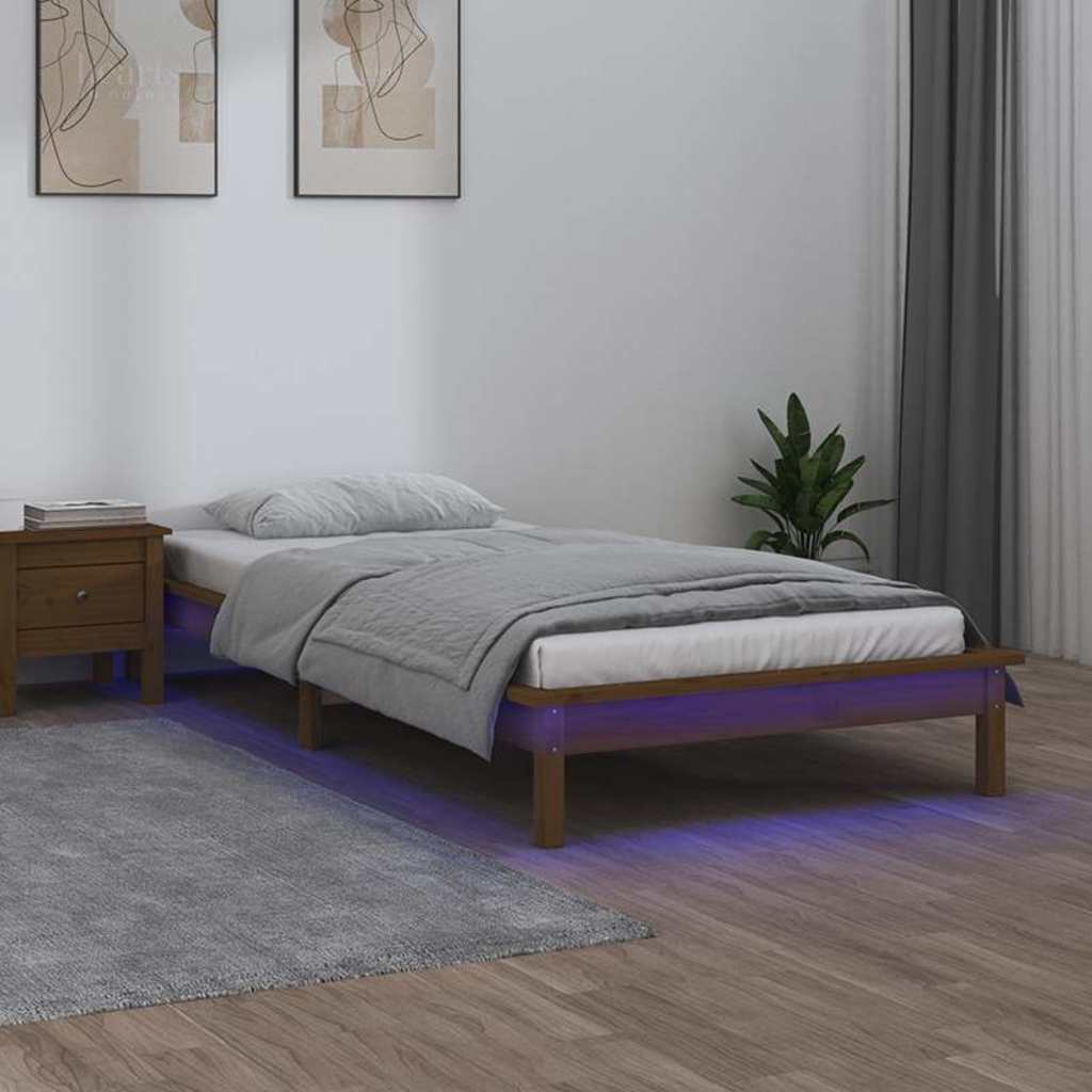 Kis egyszemélyes mézbarna tömör fa LED-es ágykeret 75 x 190 cm