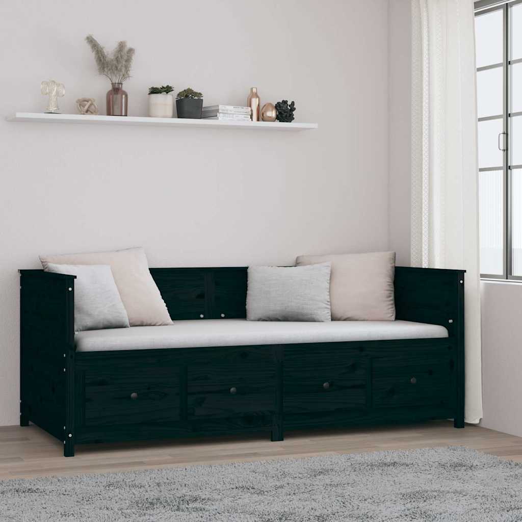 Fekete tömör fenyőfa kanapéágy 90 x 200 cm 4