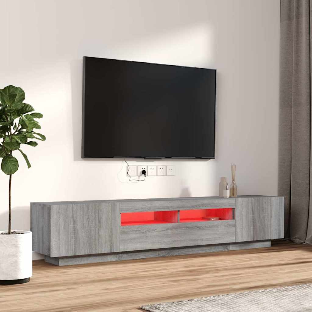 2 részes szürke sonoma színű fa TV-szekrény szett LED-lámpákkal 3