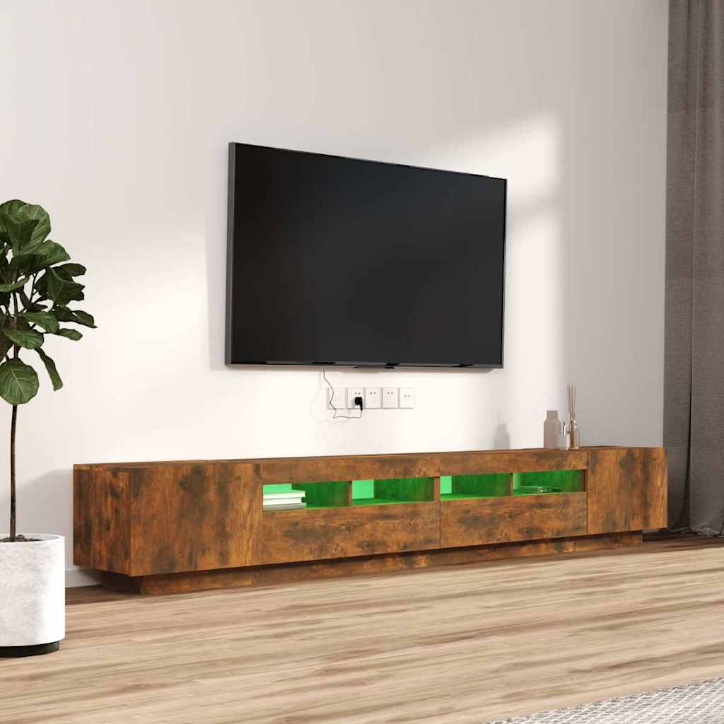 3 részes füstös tölgy színű fa TV-szekrény szett LED-lámpákkal 4