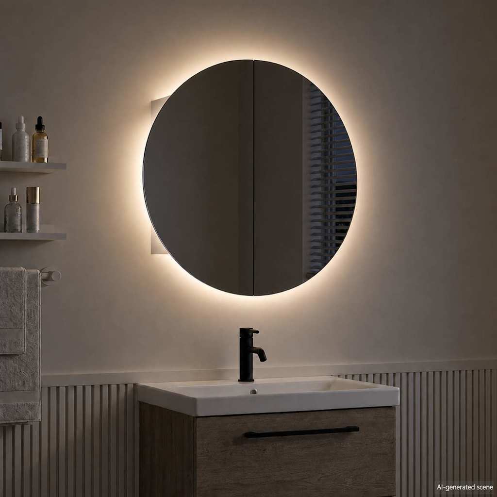 Fehér fürdőszobai szekrény kerek tükörrel/LED-del 54x54x17,5 cm 3
