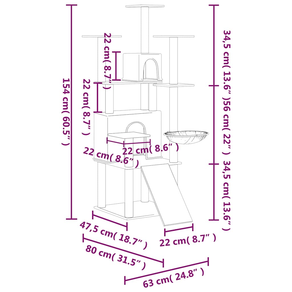 Világosszürke macskabútor szizál kaparófákkal 154 cm 7