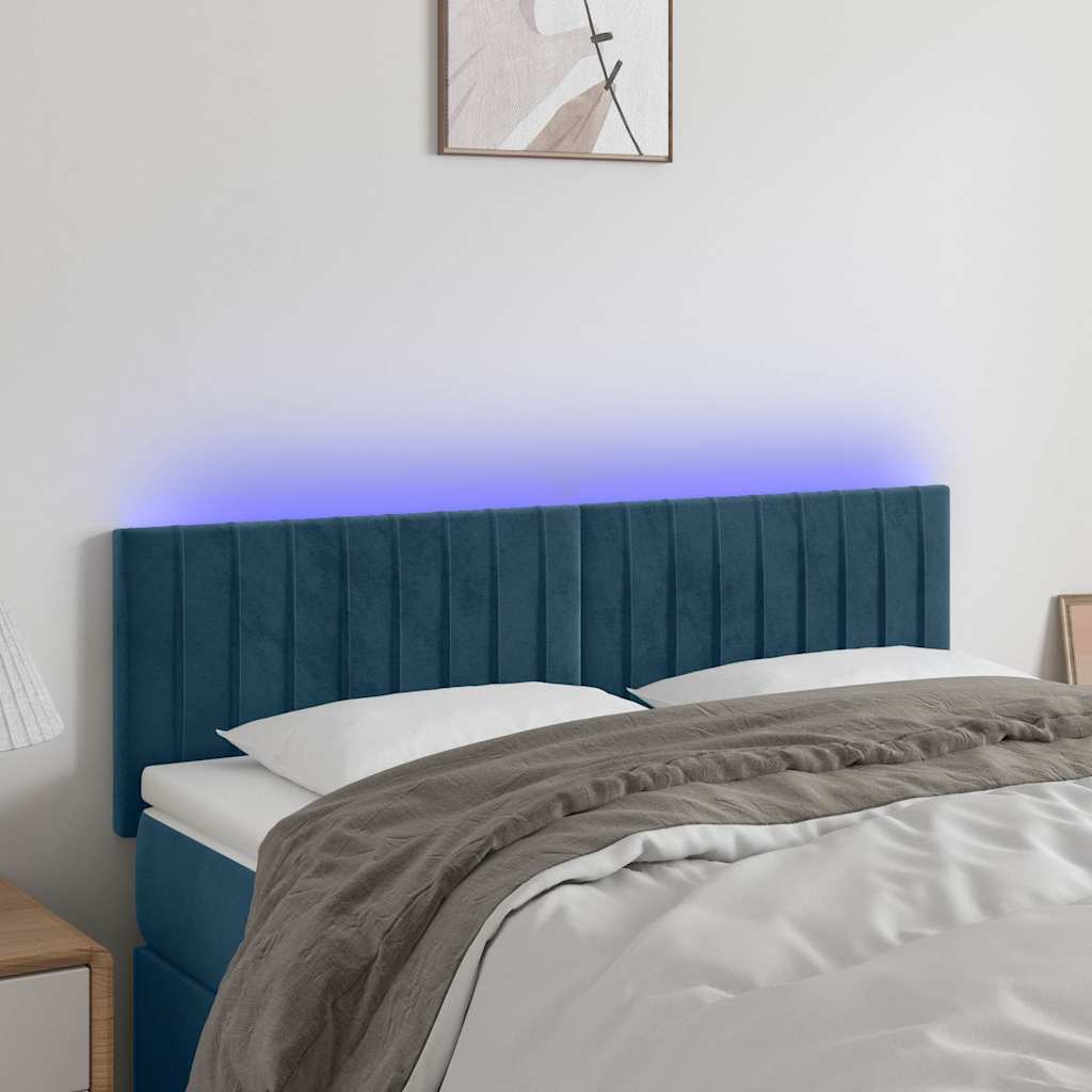 Sötétkék bársony LED-es fejtámla 144x5x78/88 cm