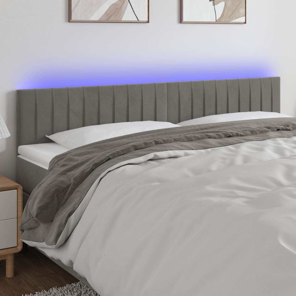 Világosszürke bársony LED-es fejtámla 180x5x78/88 cm