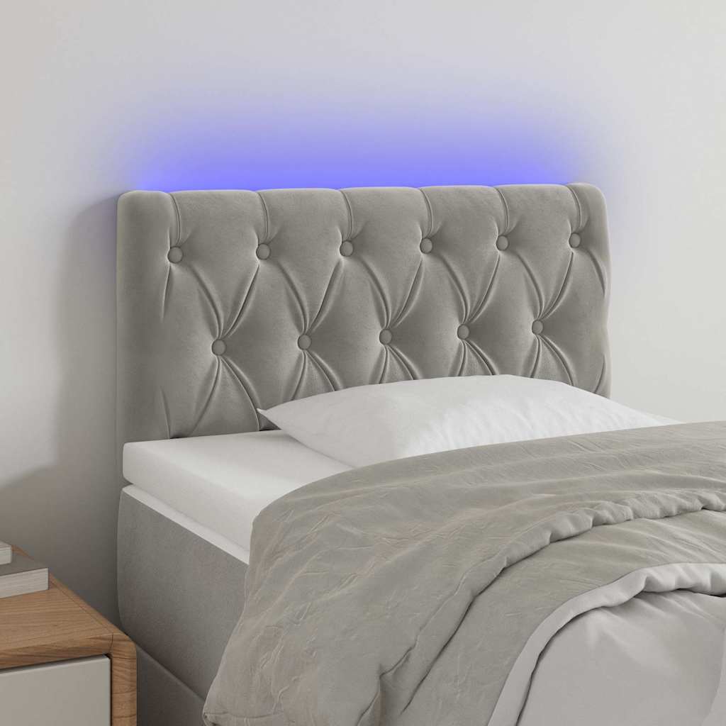 Világosszürke bársony LED-es fejtámla 80x7x78/88 cm