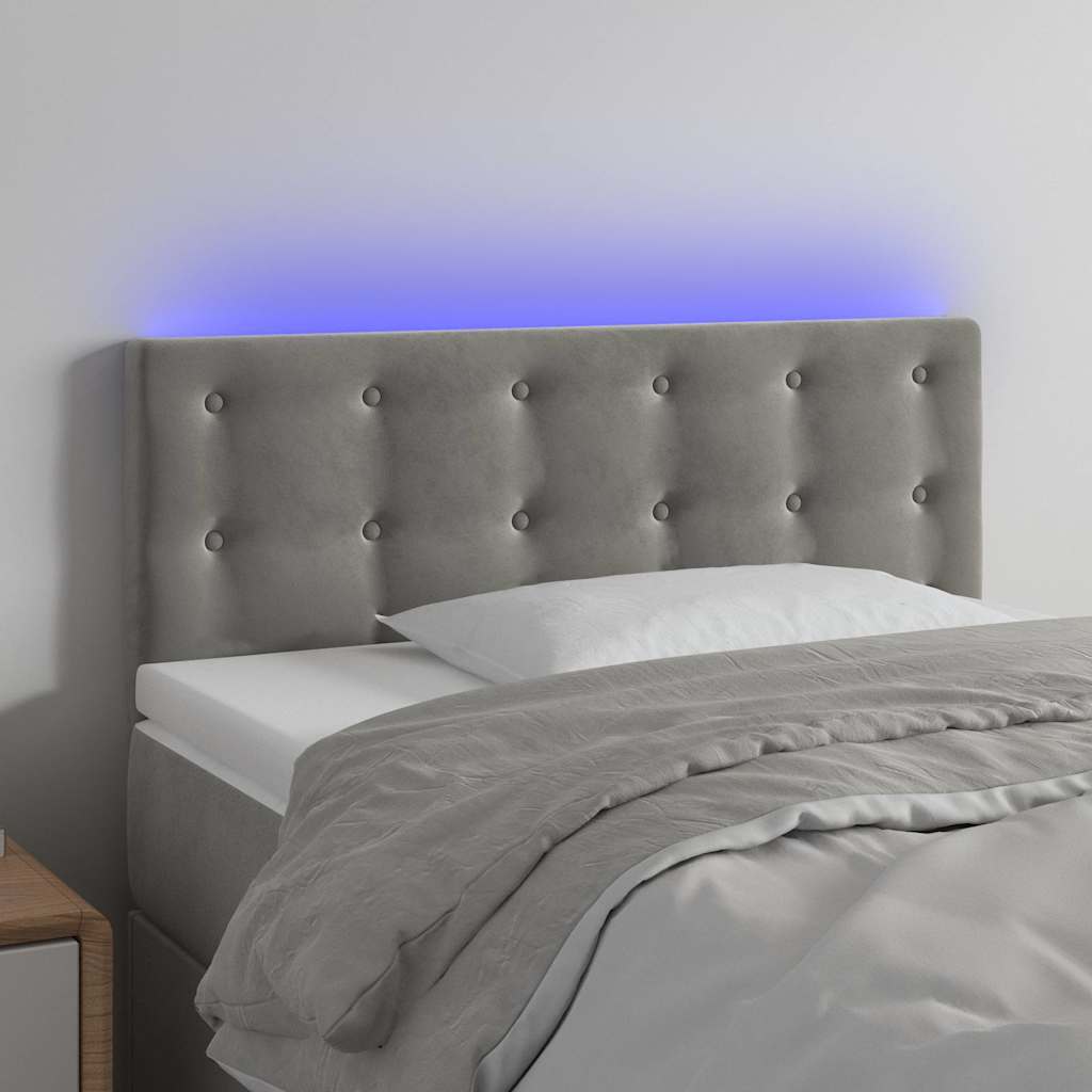 Világosszürke bársony LED-es fejtámla 90x5x78/88 cm