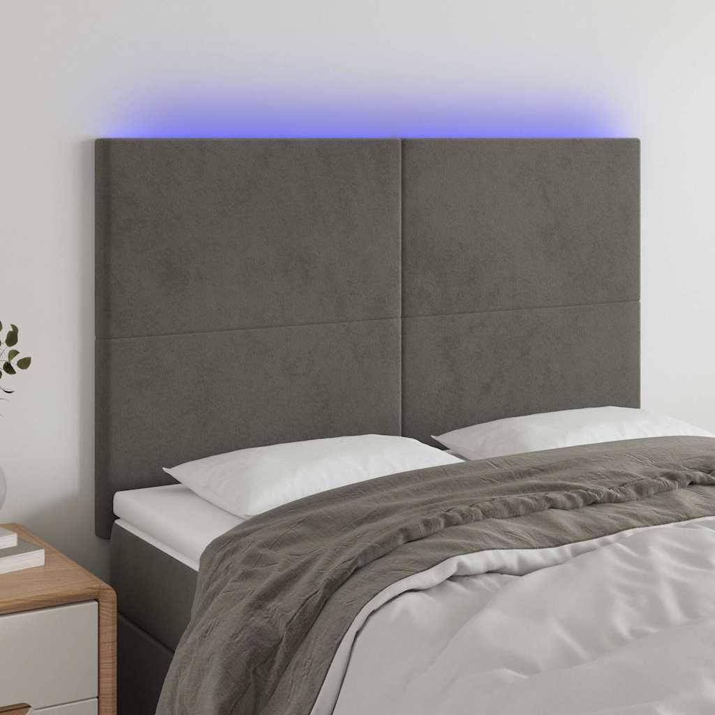 Sötétszürke bársony LED-es fejtámla 144x5x118/128 cm