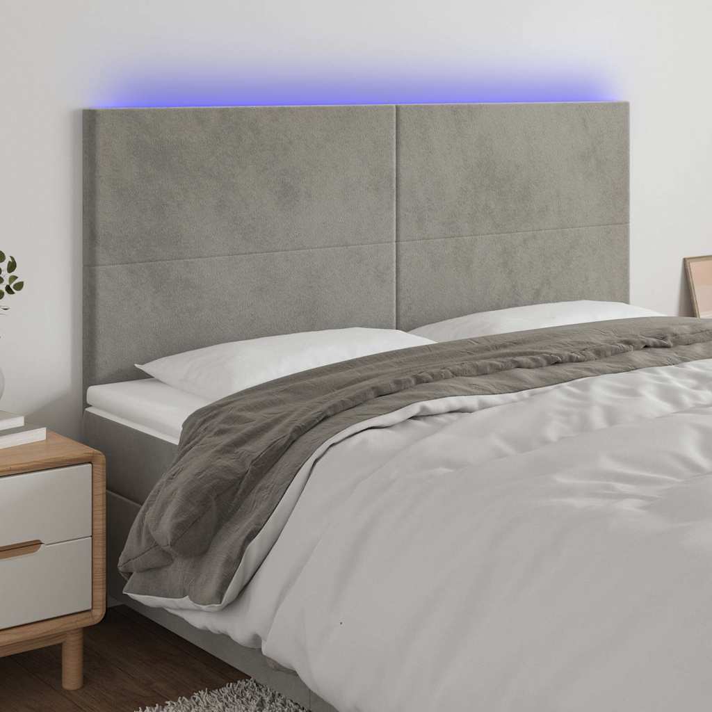 Világosszürke bársony LED-es fejtámla 160x5x118/128 cm