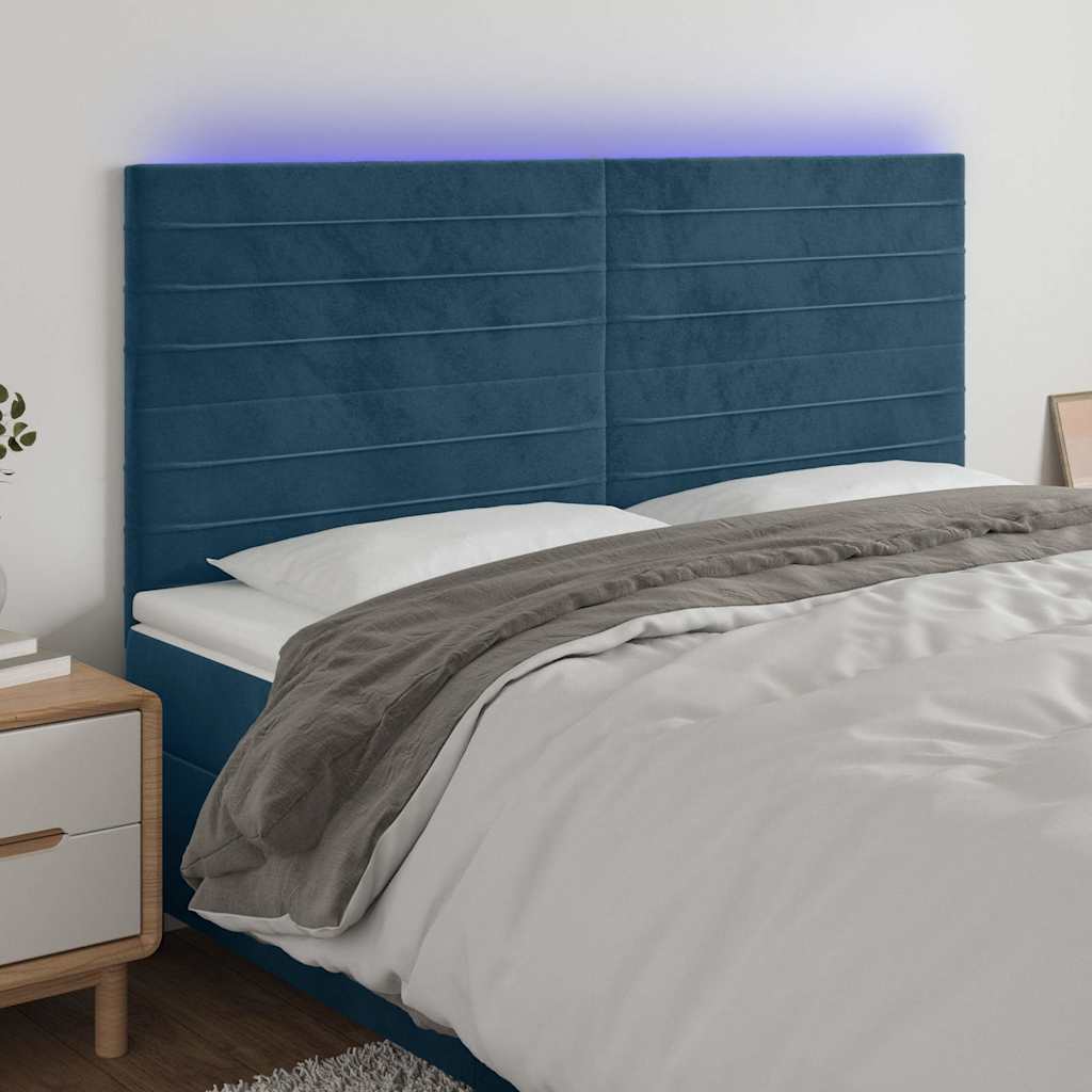 Sötétkék bársony LED-es fejtámla 200x5x118/128 cm