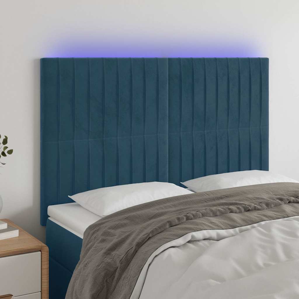 Sötétkék bársony LED-es fejtámla 144x5x118/128 cm