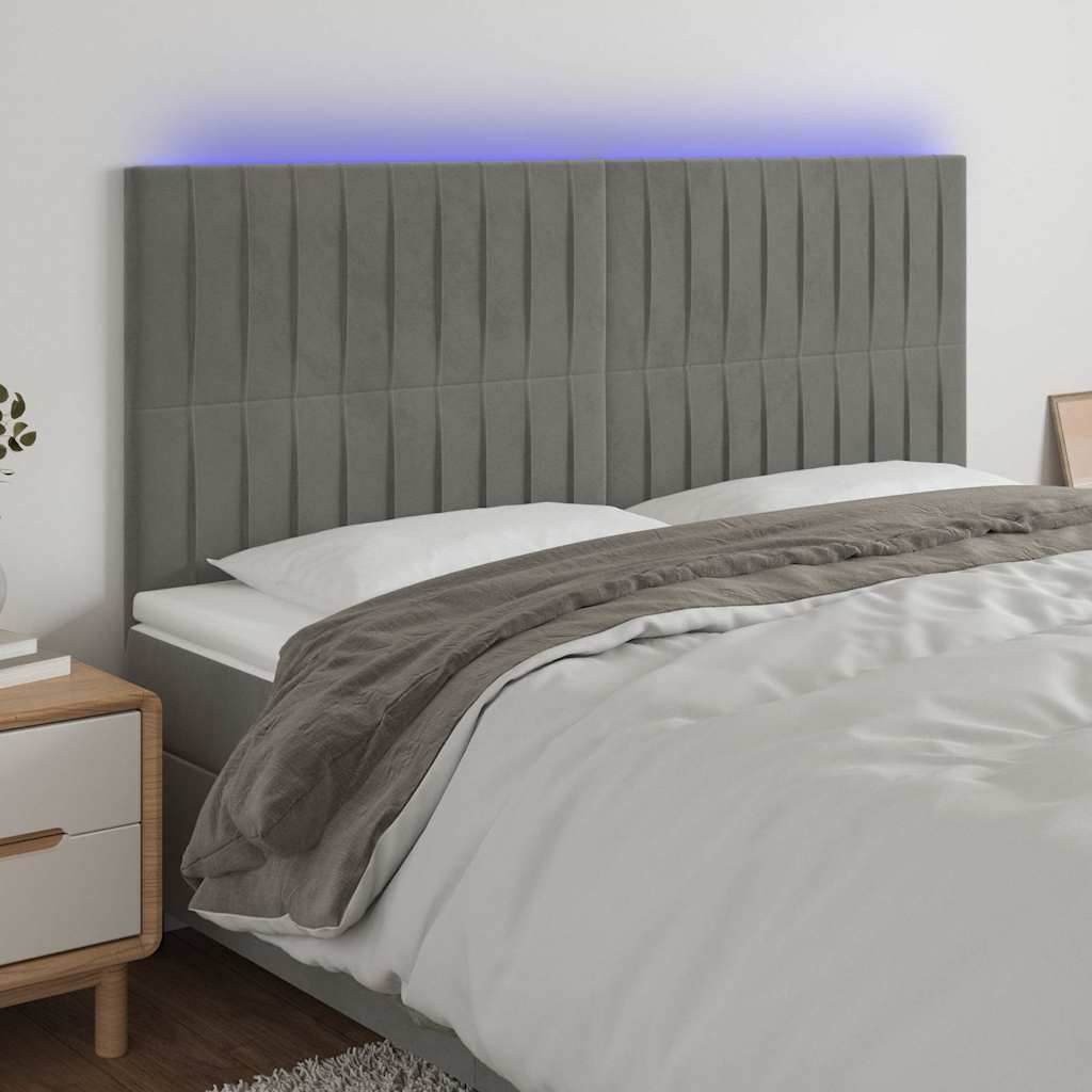 Világosszürke bársony LED-es fejtámla 160x5x118/128 cm