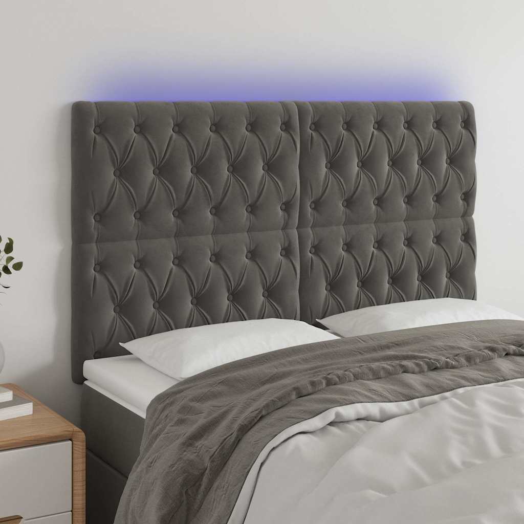 Sötétszürke bársony LED-es fejtámla 144x7x118/128 cm