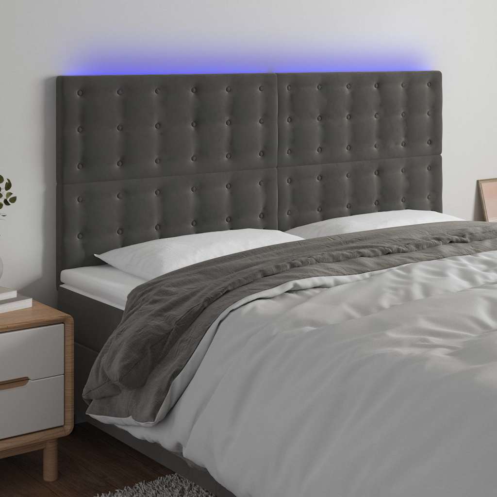 Sötétszürke bársony LED-es fejtámla 160x5x118/128 cm