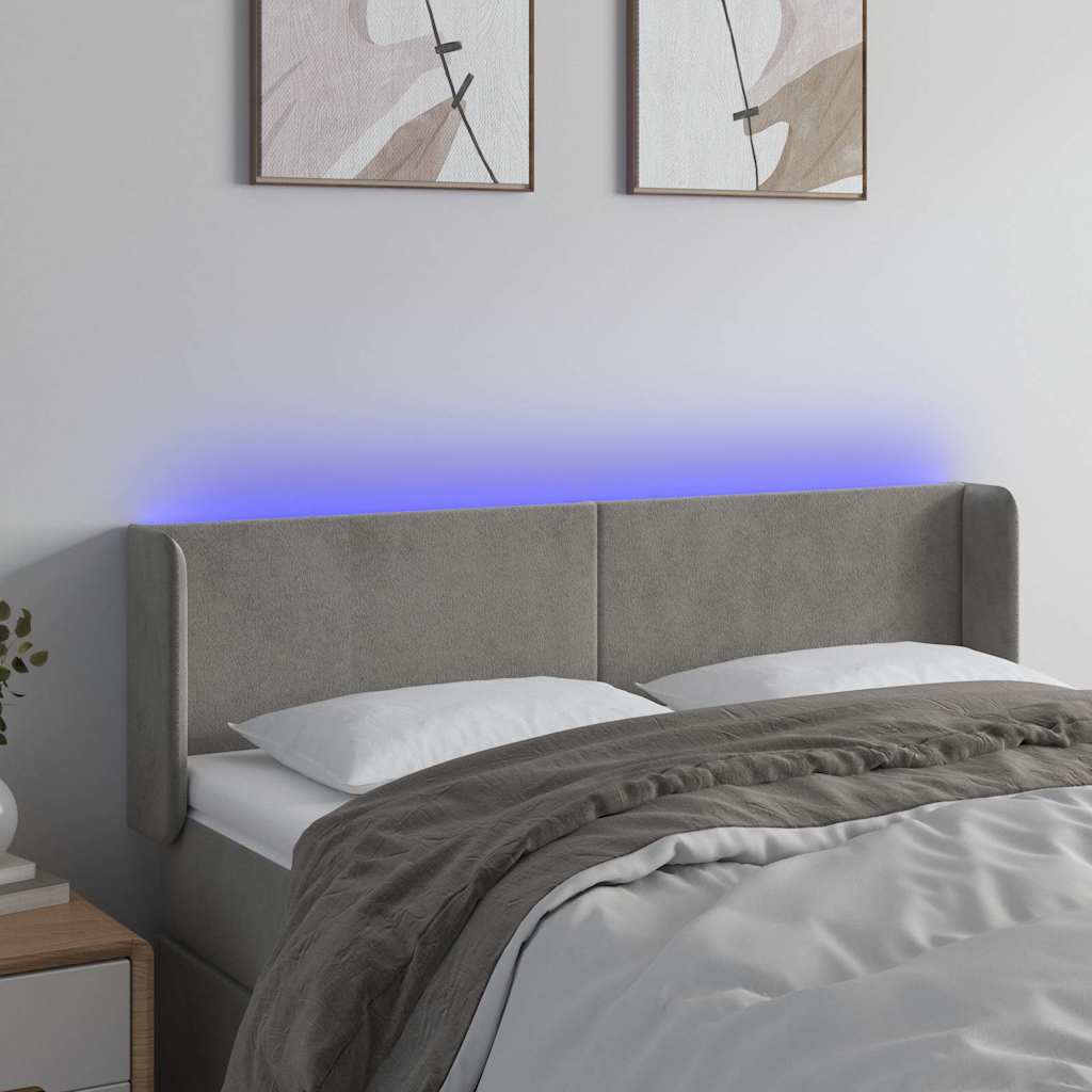 Világosszürke bársony LED-es fejtámla 147 x 16 x 78/88 cm