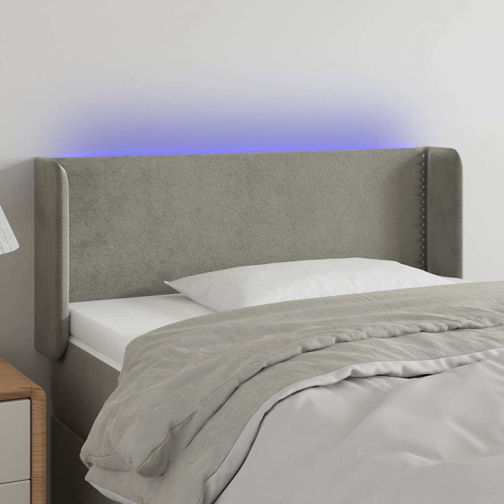 Világosszürke bársony LED-es fejtámla 93 x 16 x 78/88 cm