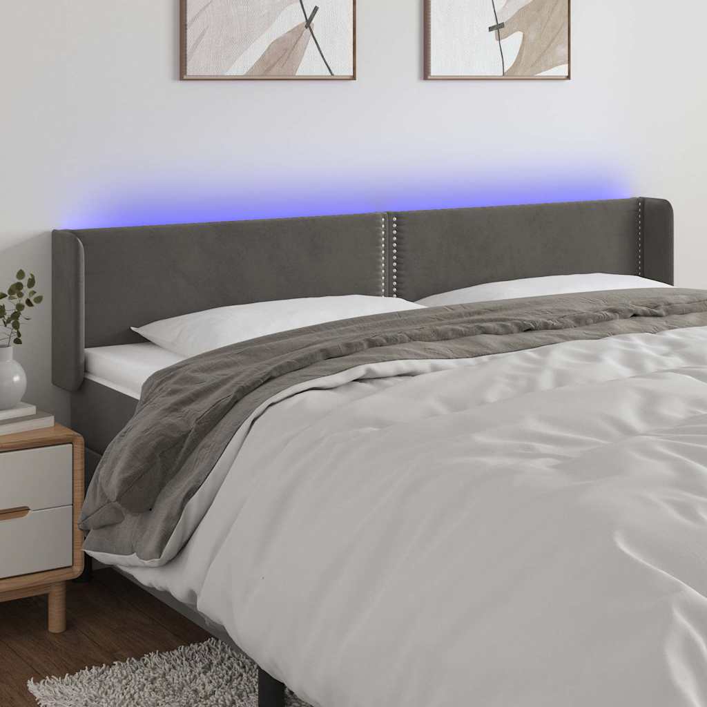 Sötétszürke bársony LED-es fejtámla 183 x 16 x 78/88 cm