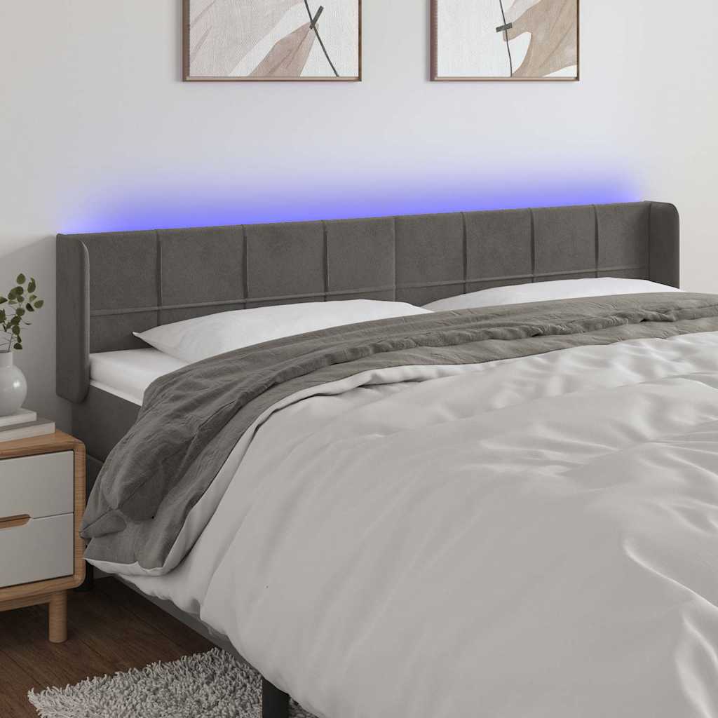 Sötétszürke bársony LED-es fejtámla 163 x 16 x 78/88 cm